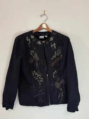 Chicos Black Embroidered & beaded Zip-Front denim Jacket size large (2)